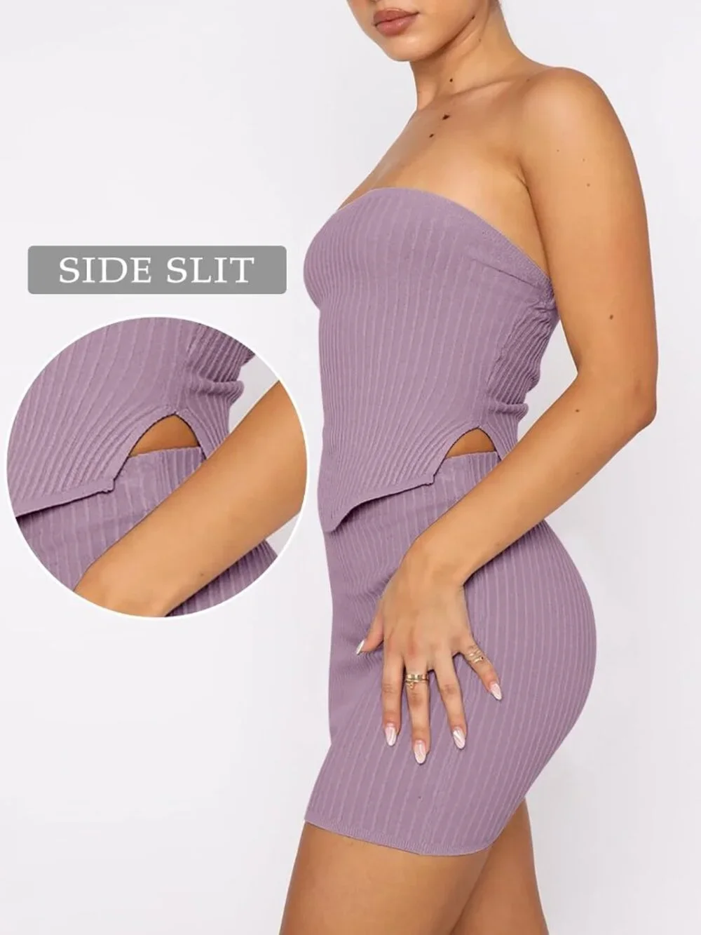 Women Light Purple Viscose Strapless Crop Top With Skirt Mini Club Bodycon Dress